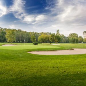golf course with well-irrigated lawn