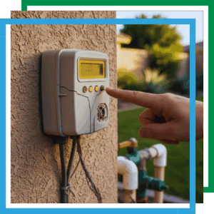 A hand presses a button on an old, cracked irrigation controller with a flickering screen.