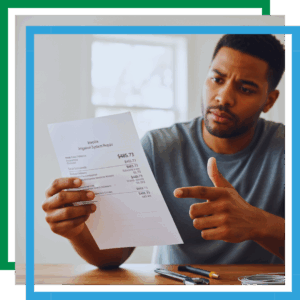 A person with a confused expression holds up an irrigation system repair invoice, pointing at the costs.
