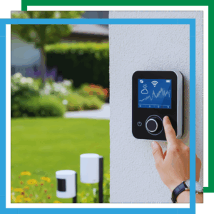 A person adjusts a modern smart irrigation controller mounted on an outdoor wall, displaying weather and watering data.
