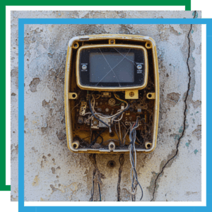 A severely damaged irrigation controller with a cracked screen and exposed wires is mounted on a decaying wall.