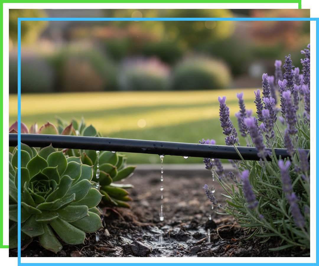 A close-up view of a drip irrigation line steadily dripping water onto the soil near succulent plants and lavender, emphasizing water conservation and precise application.