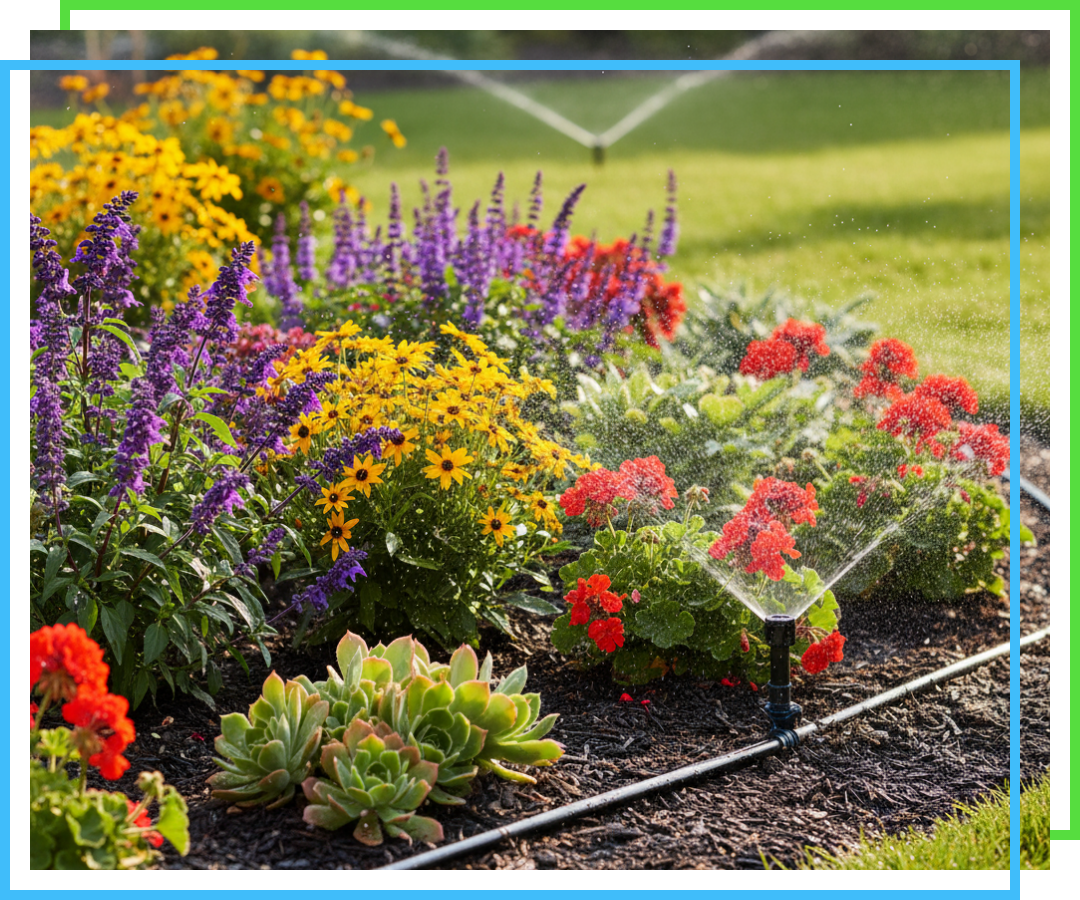 A colorful mixed garden bed featuring bright yellow, purple, and red flowers with a micro-sprinkler head efficiently watering a patch of red geraniums and a visible drip irrigation line in the mulch.