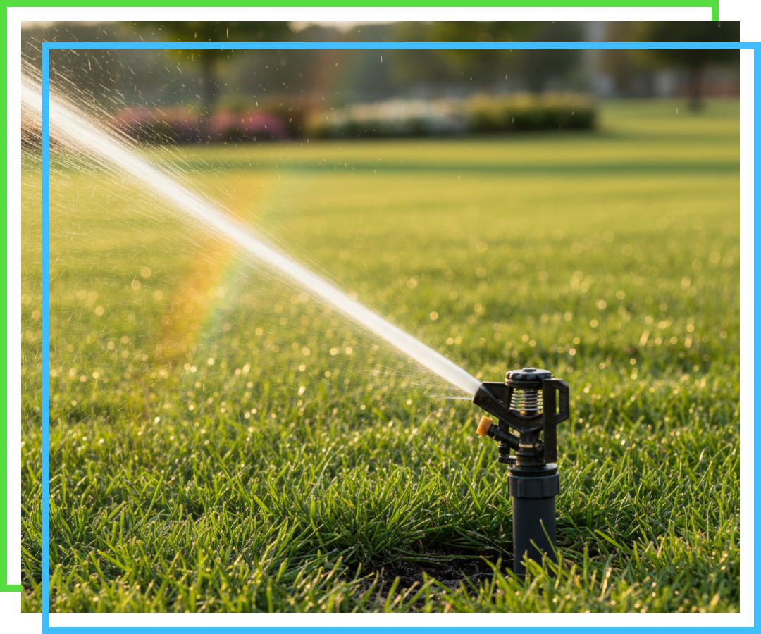 A close-up shot of an active pop-up irrigation sprinkler head casting a strong stream of water across a lush, dewy green lawn during sunset.