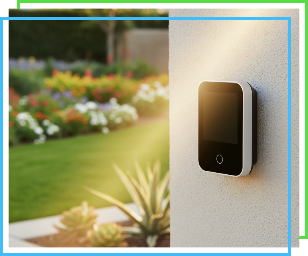 A modern, minimalist smart irrigation controller mounted on a light-colored stucco wall in a sunlit outdoor setting, with a vibrant, blurred flower garden in the background.