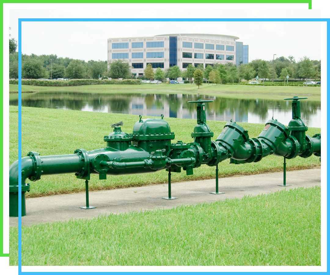Insulated irrigation pipes outside of a large building