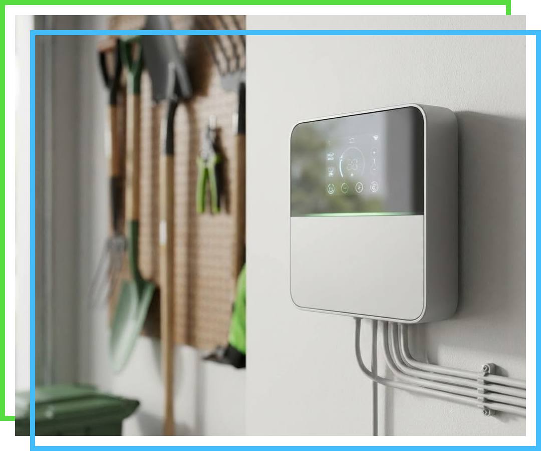 Modern wall-mounted smart irrigation controller installed in a garage.