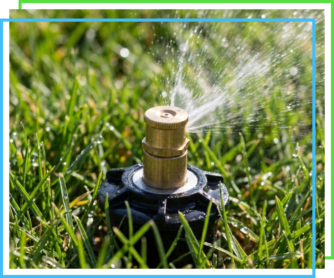 Macro shot of a residential pop-up sprinkler head actively spraying water.