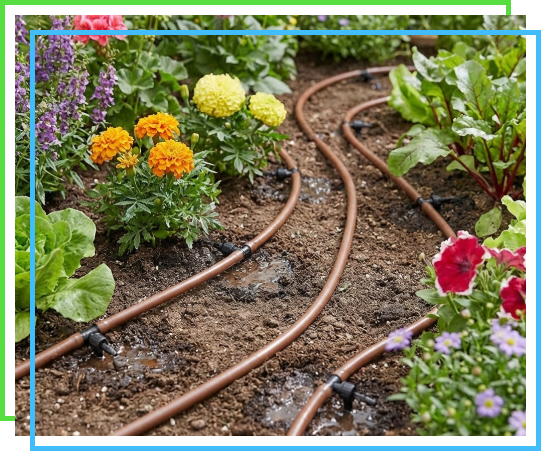 Drip irrigation tubing with emitters watering plants in a residential garden bed.