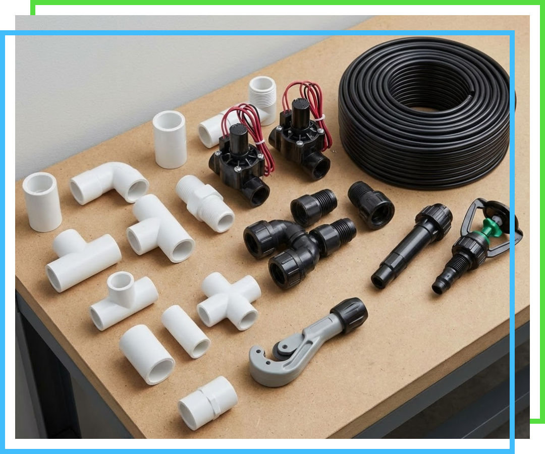 Assortment of residential irrigation parts, valves, and tubing organized on a workbench.