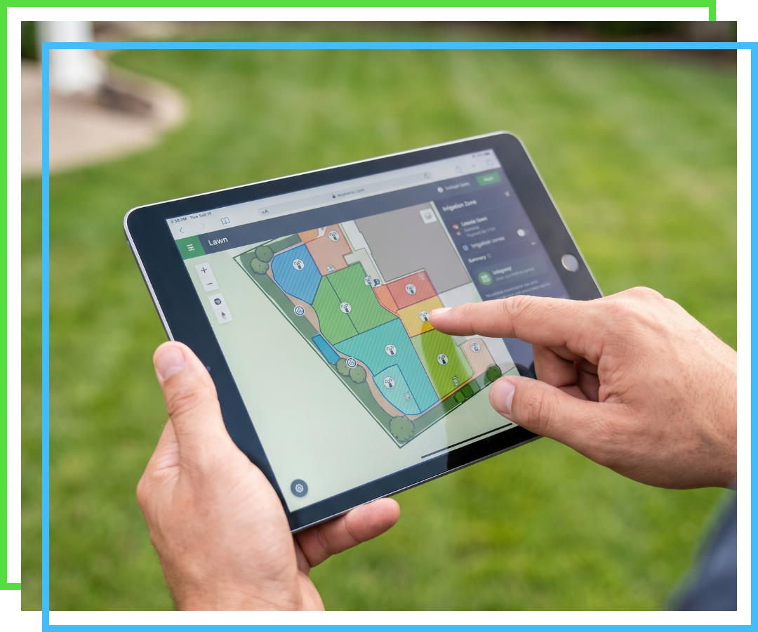 A person’s hand using a digital tablet to map out specific irrigation zones on a residential lawn.