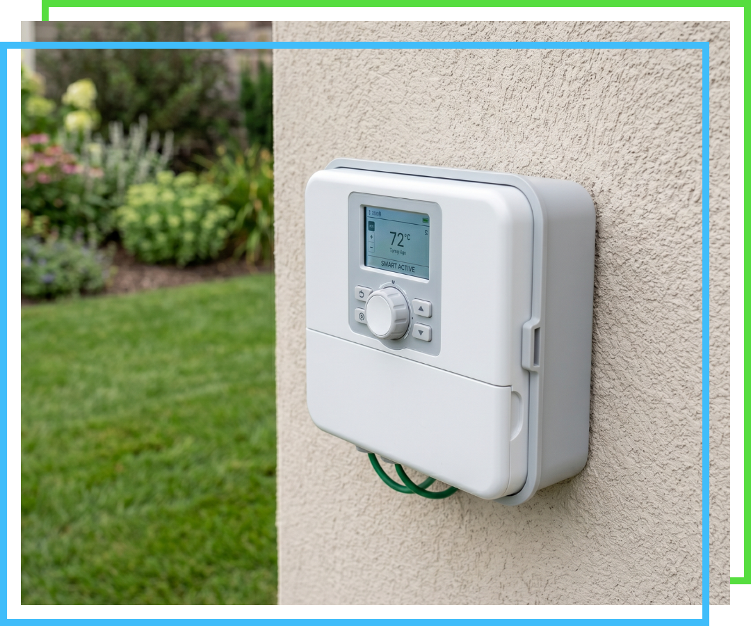 A close-up shot of a modern white smart irrigation controller mounted on a light-colored exterior wall.