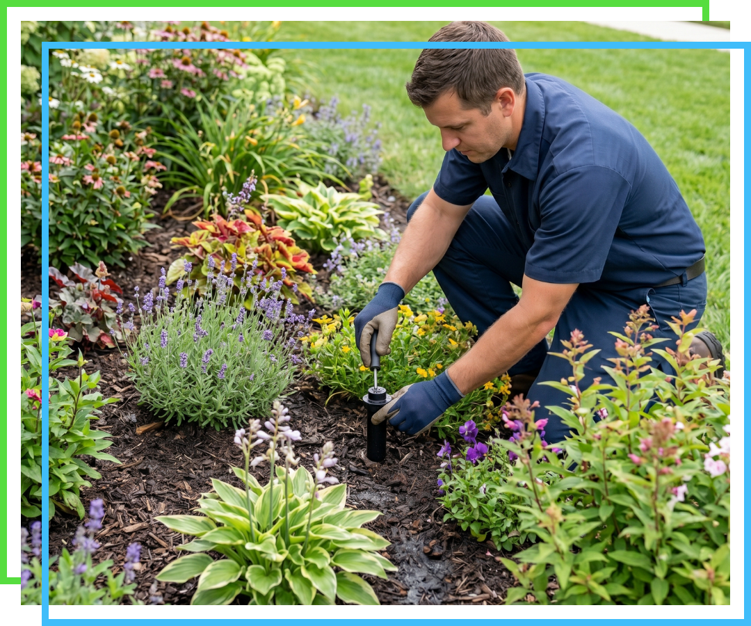 A professional landscaper kneeling in a diverse garden bed to adjust a small irrigation sprinkler head.