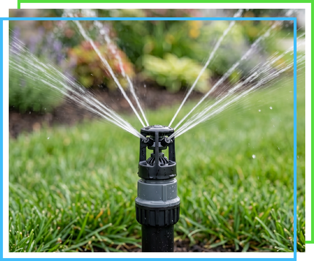 A detailed close-up of a high-efficiency rotary nozzle spraying multiple precise streams of water.