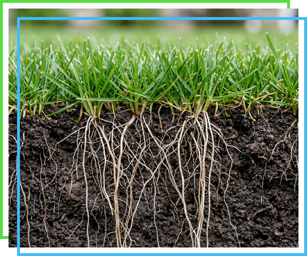 A clear cross-section view of healthy green turf grass showing deep, strong roots in moist soil.