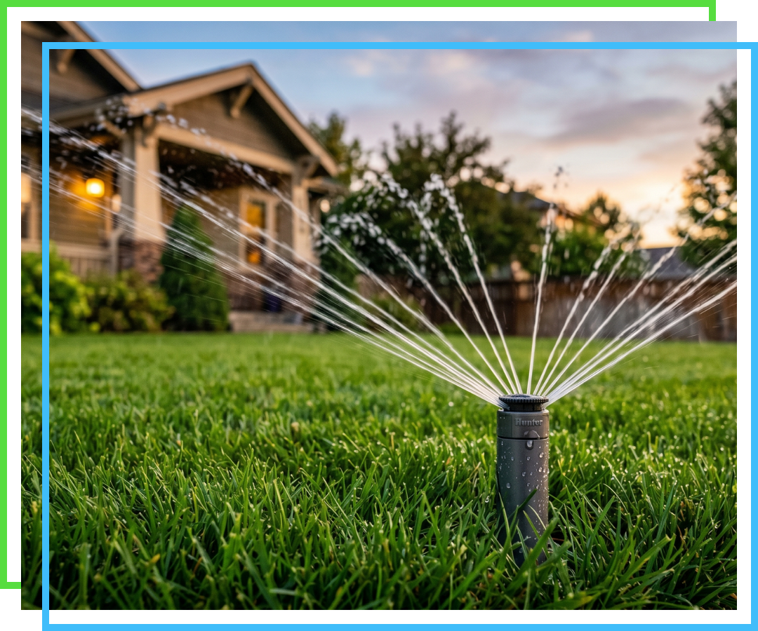 Pop-up sprinkler head watering a lush green lawn during permitted evening hours.