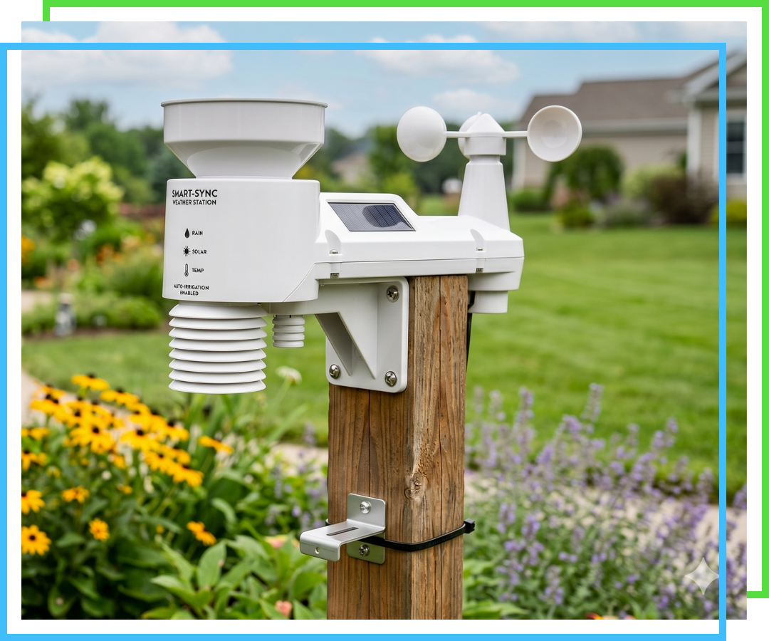 Smart weather sensor mounted outdoors to automate an efficient irrigation system.