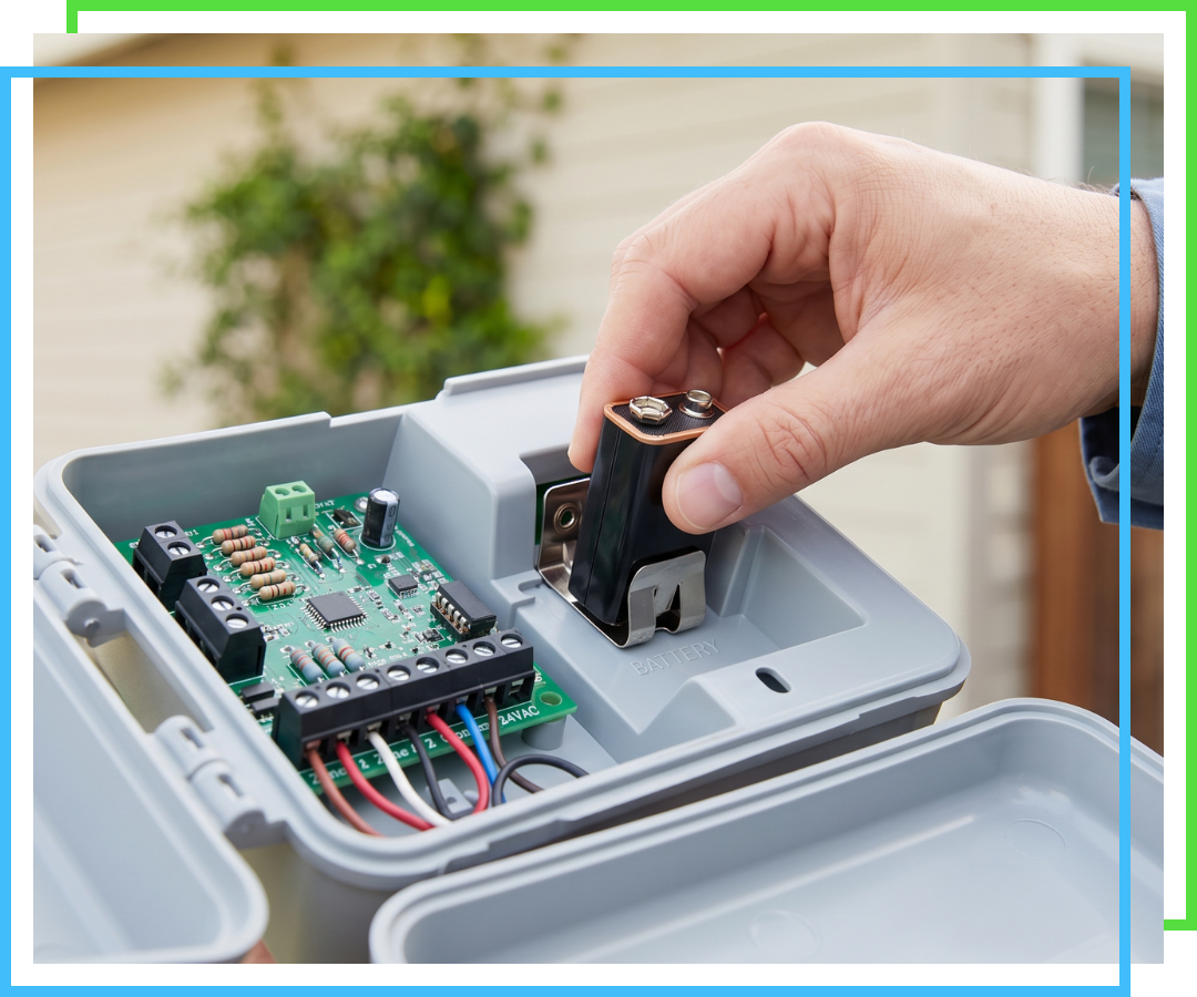 Installing a new backup battery inside an automatic irrigation controller unit.