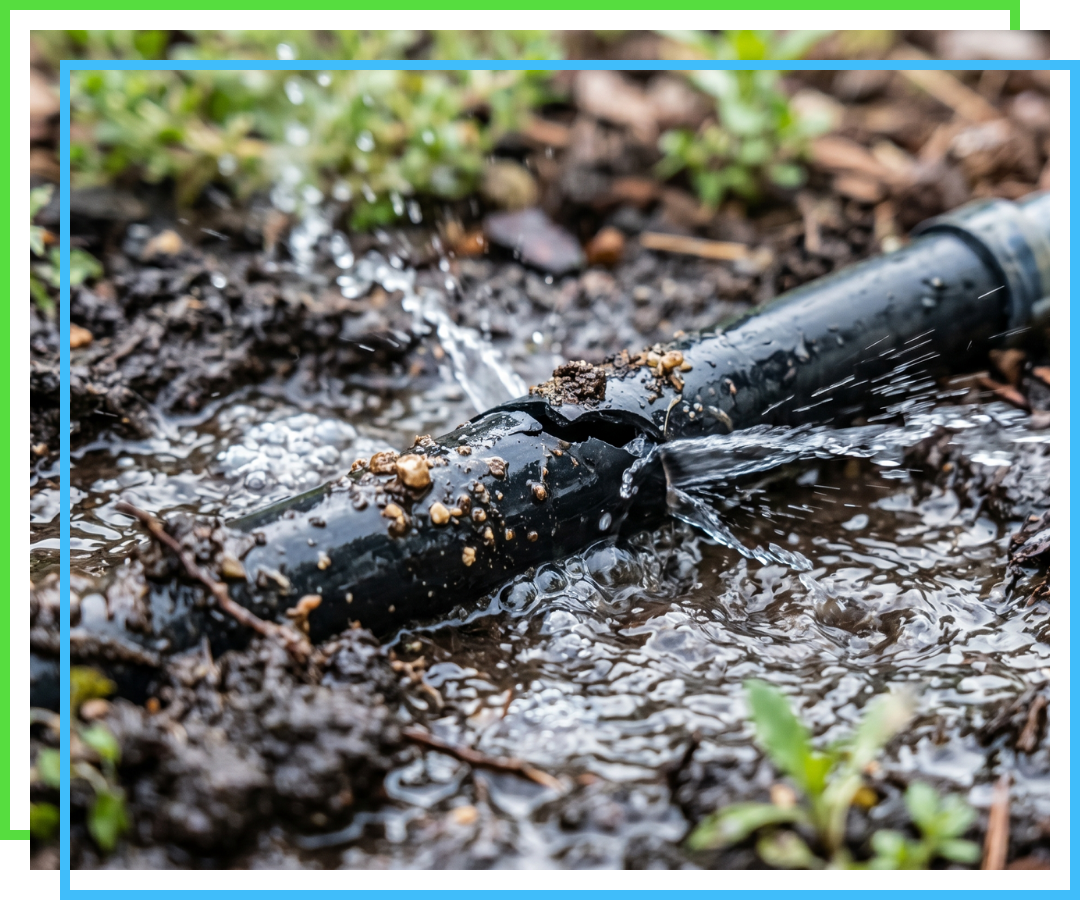 A cracked irrigation pipe actively leaking water into garden soil.